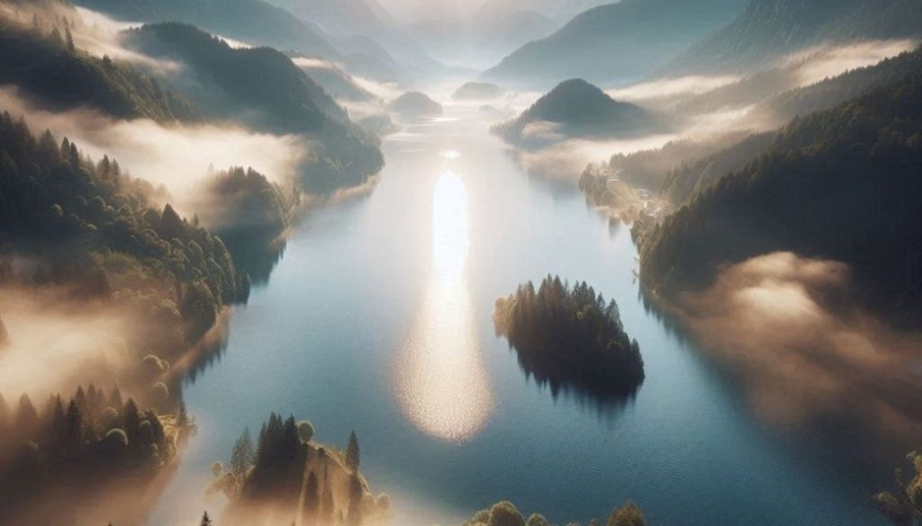 Jezero u magli okupano Suncem