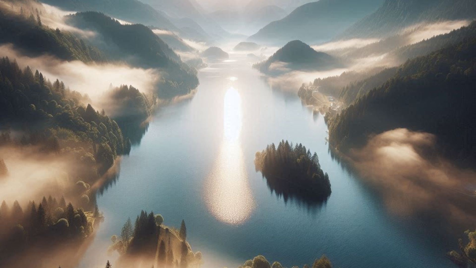 Jezero u magli okupano Suncem